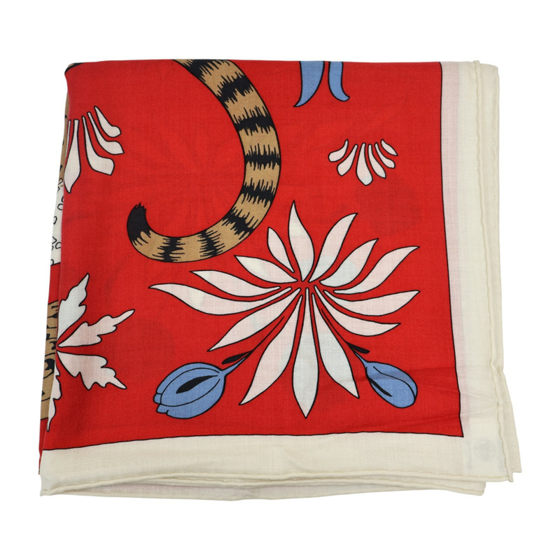 紅色 喀什米爾 真絲 Les Leopards 方巾【HERMES 愛馬仕】-5
