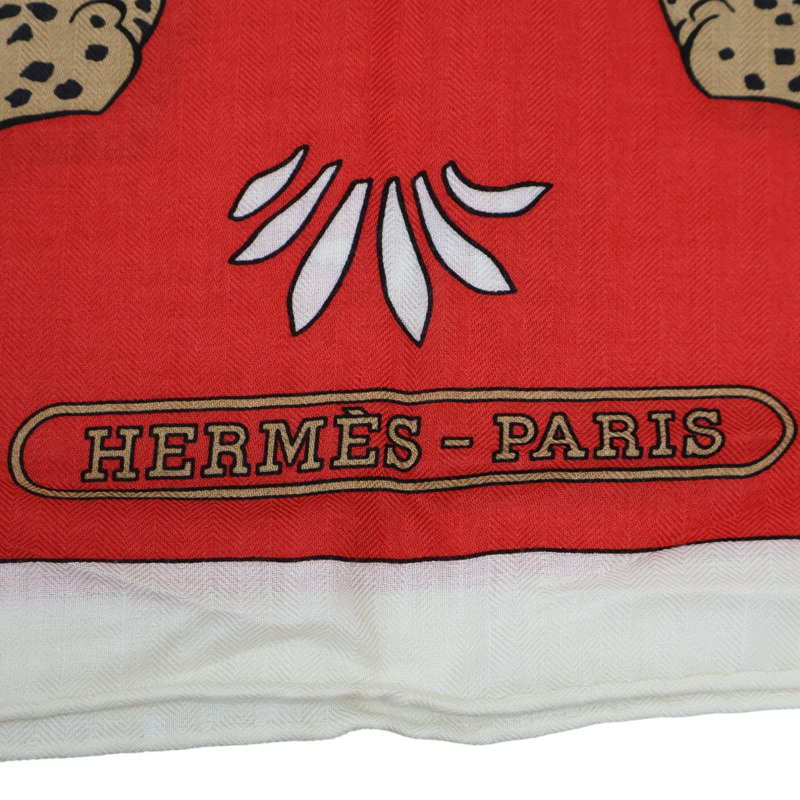 紅色 喀什米爾 真絲 Les Leopards 方巾【HERMES 愛馬仕】-6