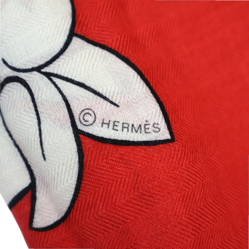 紅色 喀什米爾 真絲 Les Leopards 方巾【HERMES 愛馬仕】-7