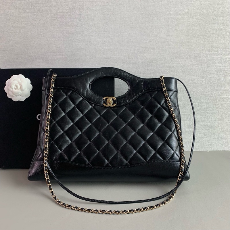 香奈兒 24B 31bag橫版中號 黑金油蠟皮  晶片款-0