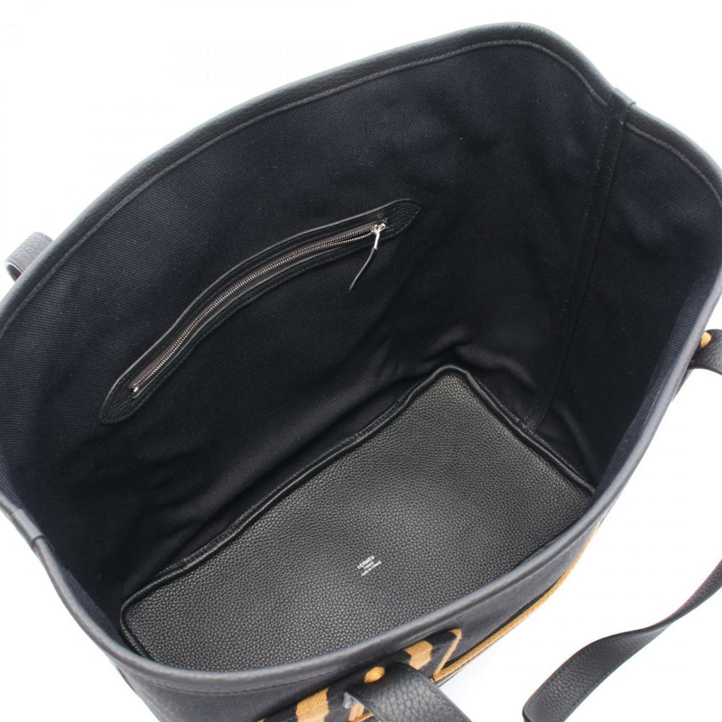 Hermes Hermès Pur Sangle 手提包，帆布軍裝，Taurillon Clemence 女式，黑色，棕色-2