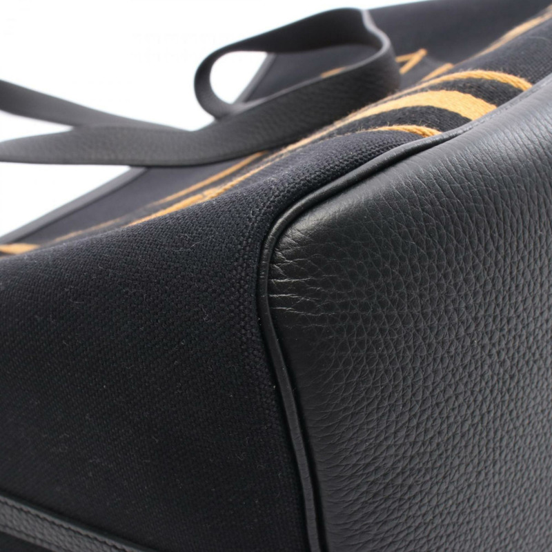 Hermes Hermès Pur Sangle 手提包，帆布軍裝，Taurillon Clemence 女式，黑色，棕色-5