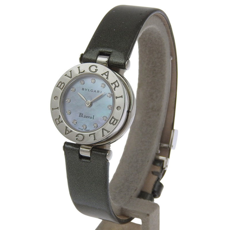 寶格麗 Bzero1 系列腕錶，型號 BZ22S，12 顆鑽石，精鋼錶殼搭配皮革錶帶，石英機芯，指針式顯示，藍色錶盤，女士款-1