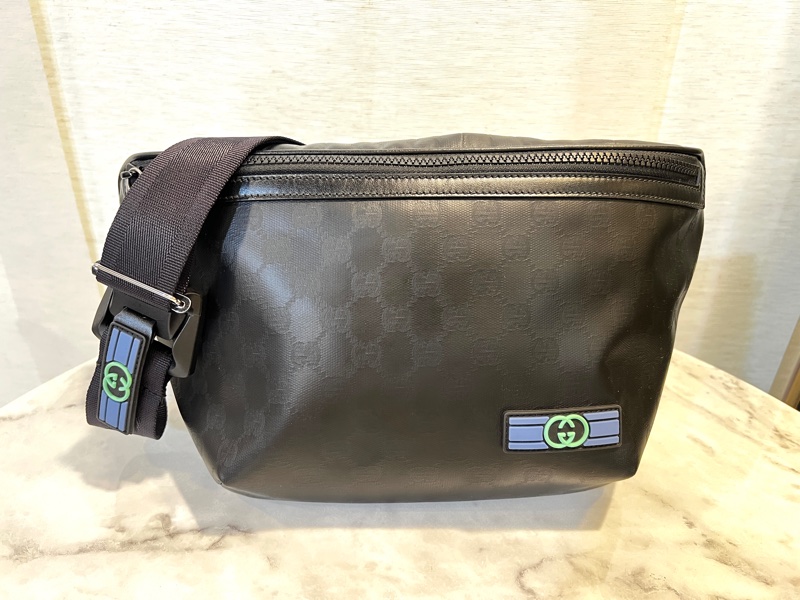 Gucci 黑啞光帆布一字拉Crystal腰包-0