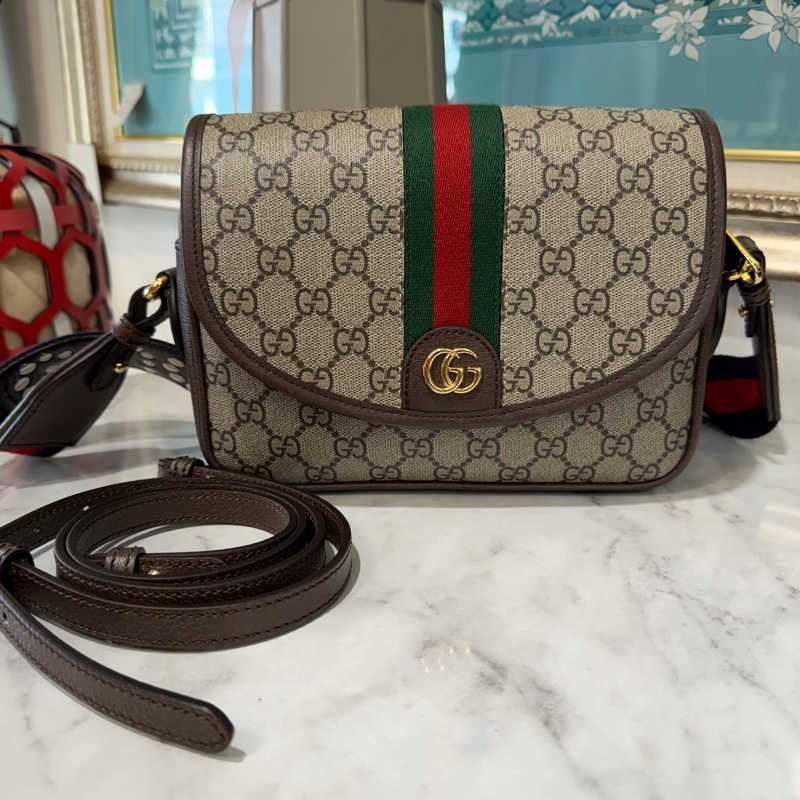 Gucci 咖PVC Ophidia金釦下蓋磁吸肩斜背包-0