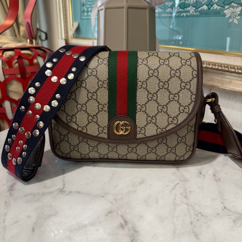 Gucci 咖PVC Ophidia金釦下蓋磁吸肩斜背包-1