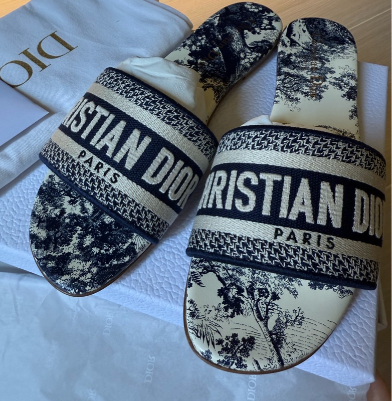 <全新>Dior 藍色刺繡棉 拖鞋  37.5碼-0