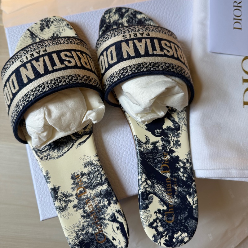 <全新>Dior 藍色刺繡棉 拖鞋  37.5碼-1