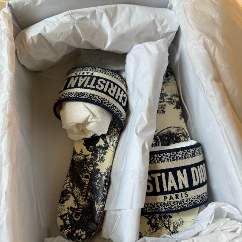 <全新>Dior 藍色刺繡棉 拖鞋  37.5碼-2