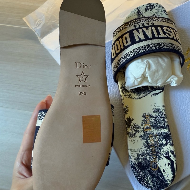 <全新>Dior 藍色刺繡棉 拖鞋  37.5碼-5