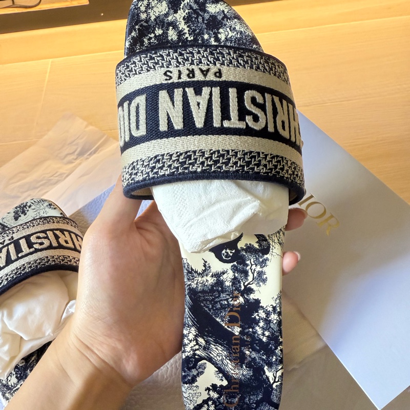 <全新>Dior 藍色刺繡棉 拖鞋  37.5碼-6