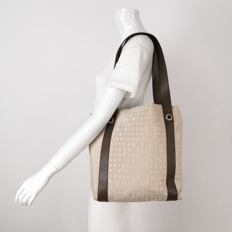 Bvlgari 牛皮帆布拼色字母logo子母包單肩包-1