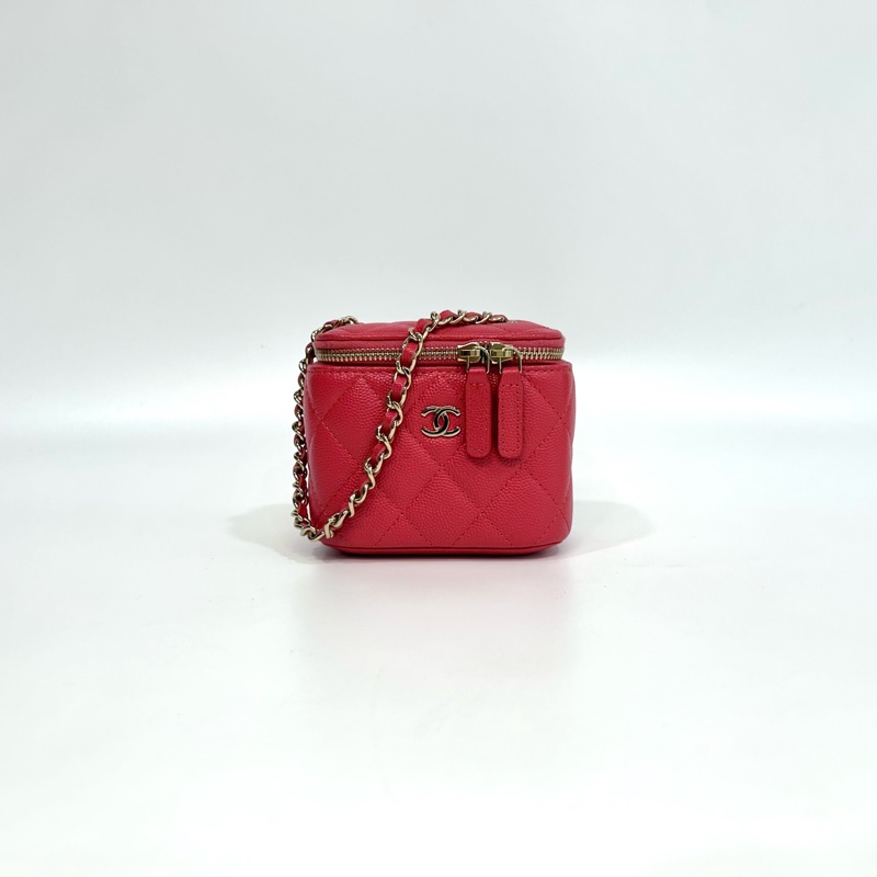 CHANEL桃紅魚子醬牛皮金釦小方盒 AP1340-0