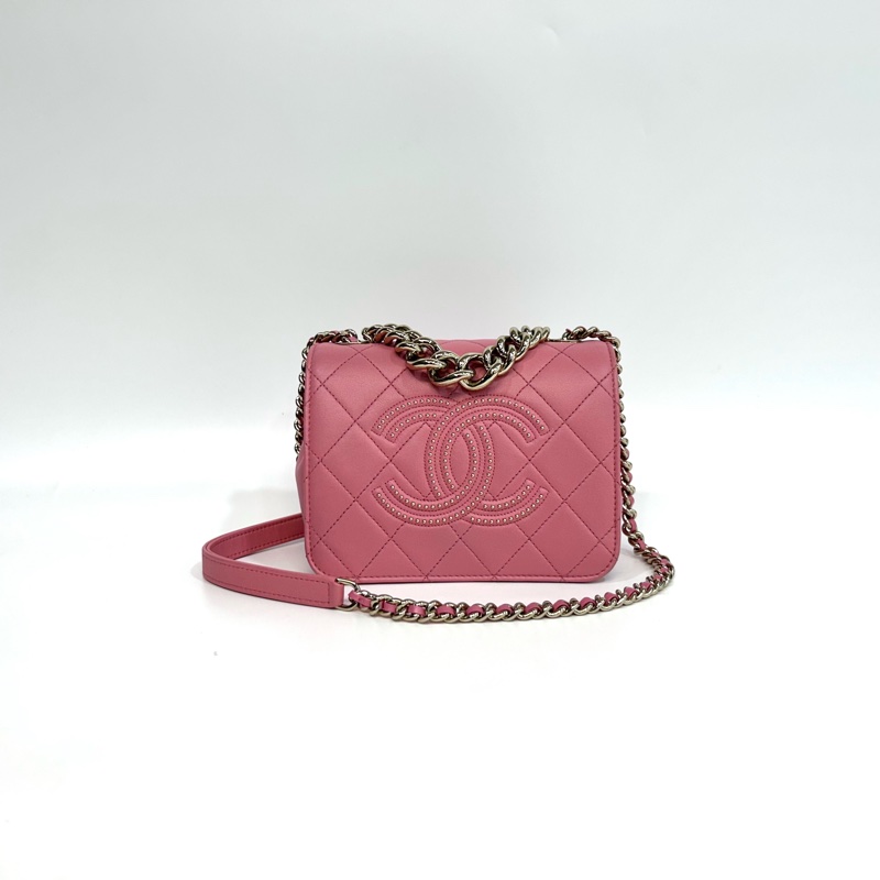 CHANEL粉色小羊皮鉚釘大雙C金鍊手提側背包AS1514-1