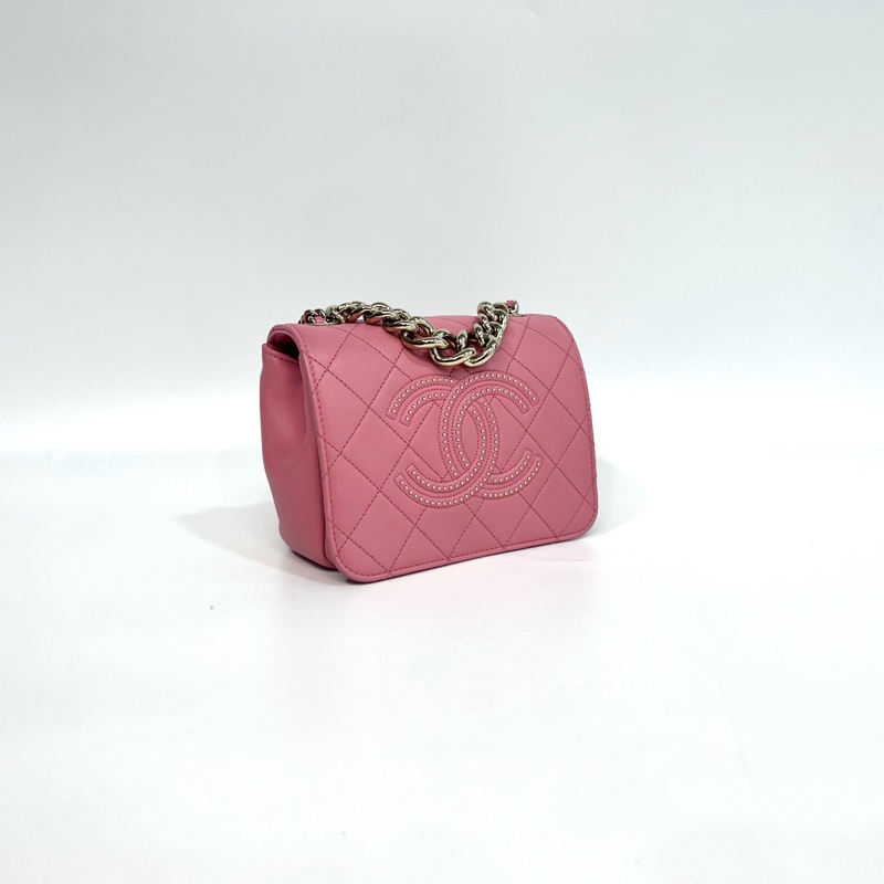 CHANEL粉色小羊皮鉚釘大雙C金鍊手提側背包AS1514-3
