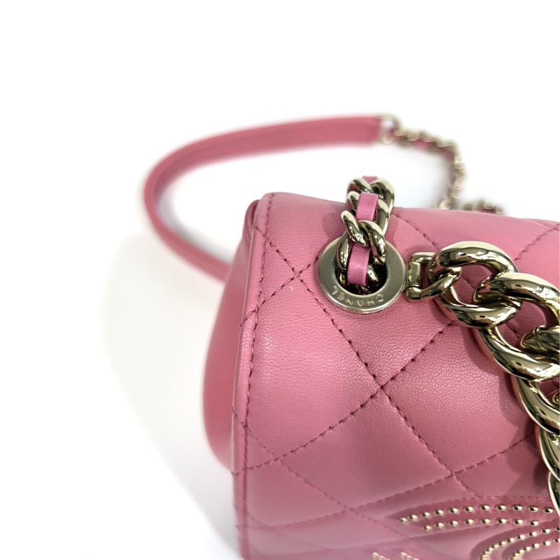 CHANEL粉色小羊皮鉚釘大雙C金鍊手提側背包AS1514-13