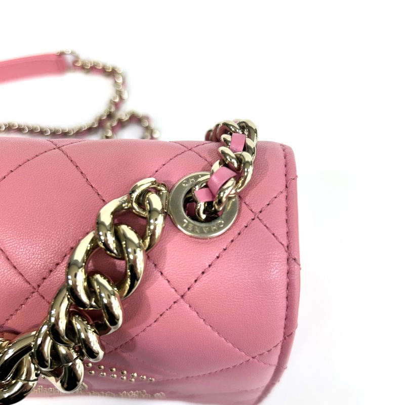 CHANEL粉色小羊皮鉚釘大雙C金鍊手提側背包AS1514-14