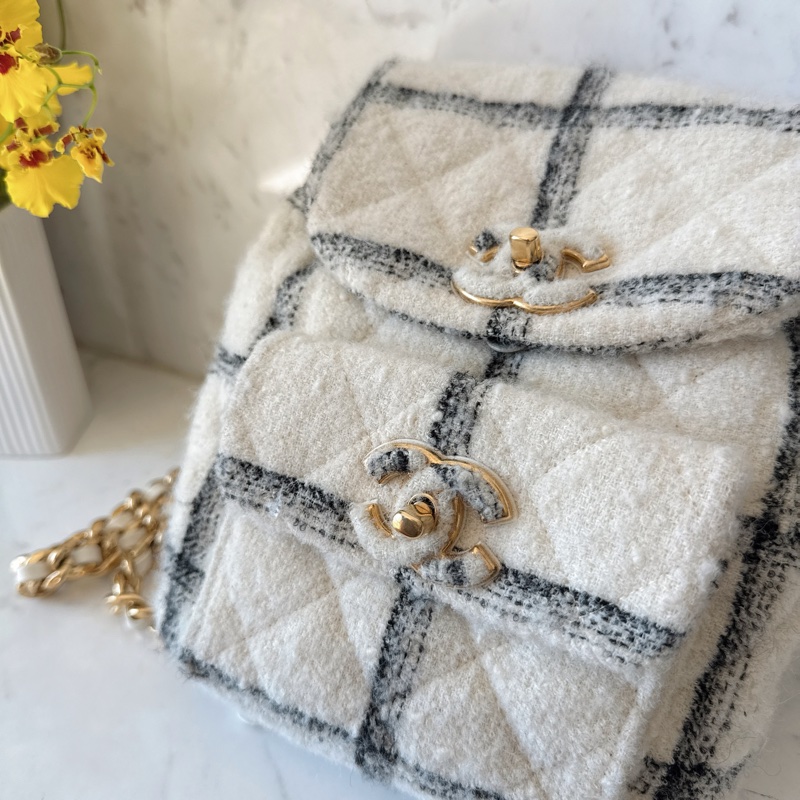 Chanel 22K黑白花呢毛呢格纹duma雙肩包後背包 晶片款-2