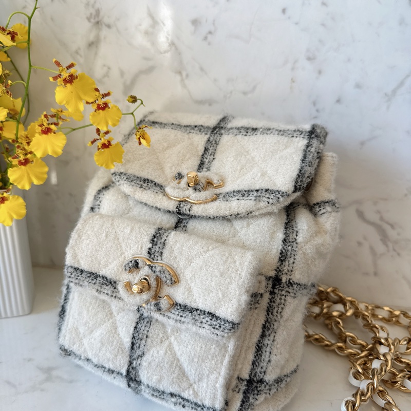 Chanel 22K黑白花呢毛呢格纹duma雙肩包後背包 晶片款-5