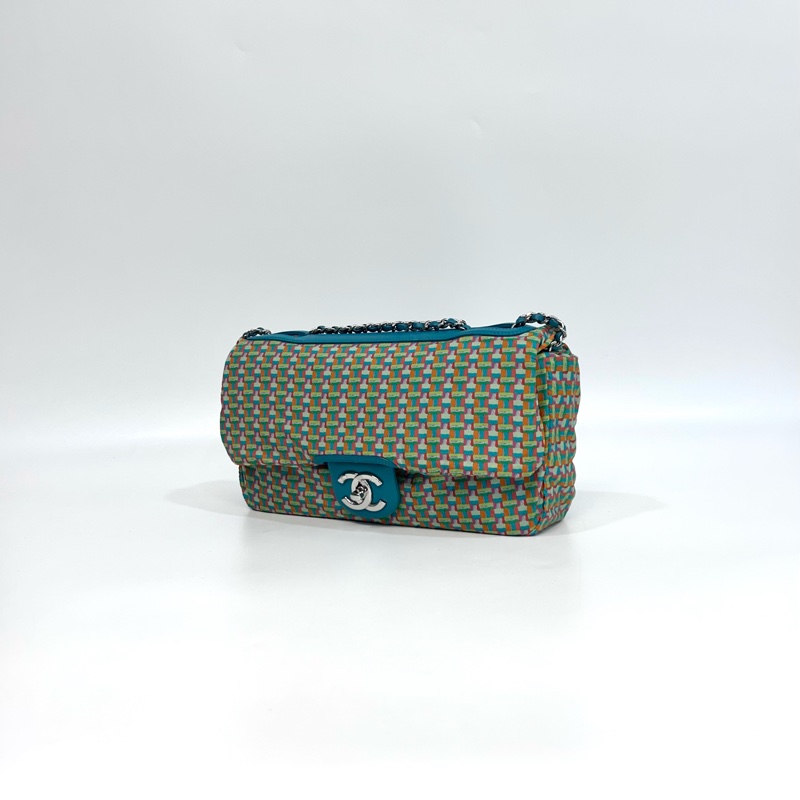 CHANEL土耳其藍銀釦橡膠拚印花尼龍布雙用口蓋包A93154-3