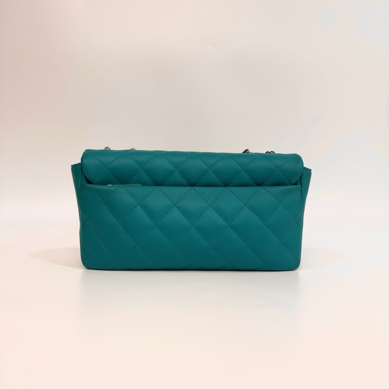 CHANEL土耳其藍銀釦橡膠拚印花尼龍布雙用口蓋包A93154-10