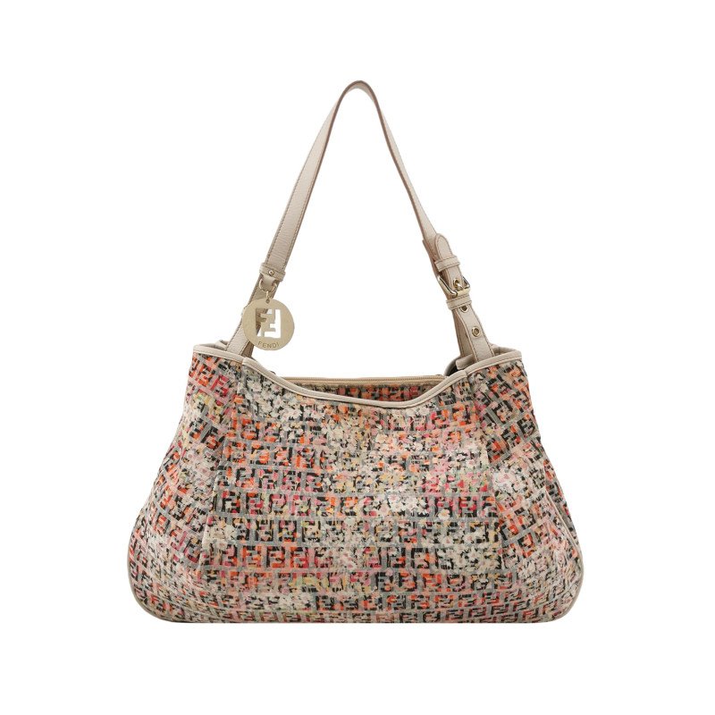 Fendi 牛皮帆布拼色雙F Logo吊墜單肩包-0