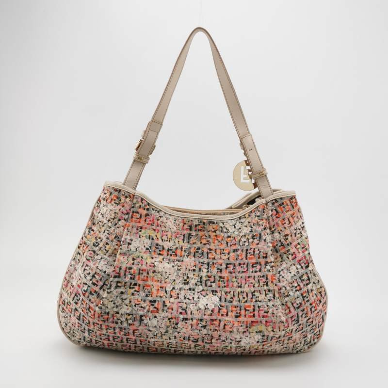 Fendi 牛皮帆布拼色雙F Logo吊墜單肩包-4