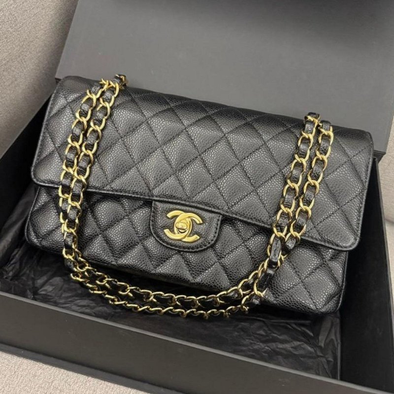 *SHIHNA名牌精品*CHANEL CF 25 荔枝牛皮黑金釦斜背包/肩背包（30開保卡款）-0
