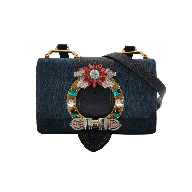 Miu Miu Miu Lady 牛皮牛仔布純色大花圓扣斜挎包單肩包-0