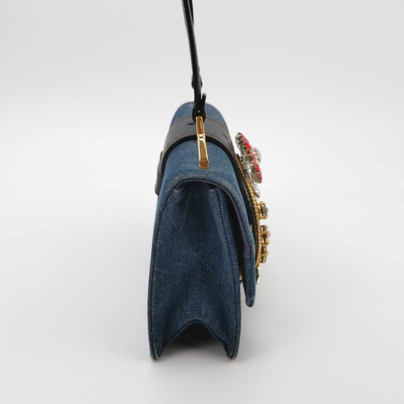 Miu Miu Miu Lady 牛皮牛仔布純色大花圓扣斜挎包單肩包-3