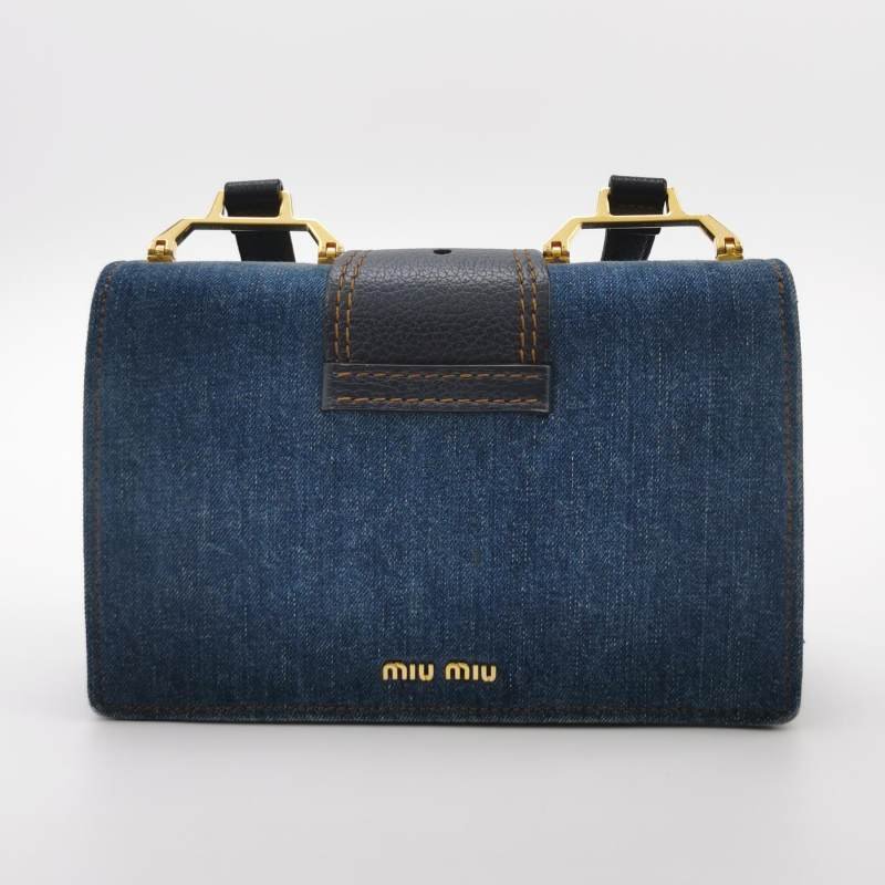 Miu Miu Miu Lady 牛皮牛仔布純色大花圓扣斜挎包單肩包-4