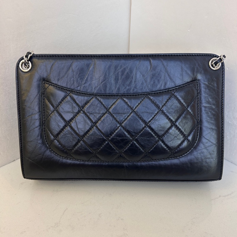 K870 Chanel 香奈兒 黑銀油蠟皮夾子包 25开開無卡-1
