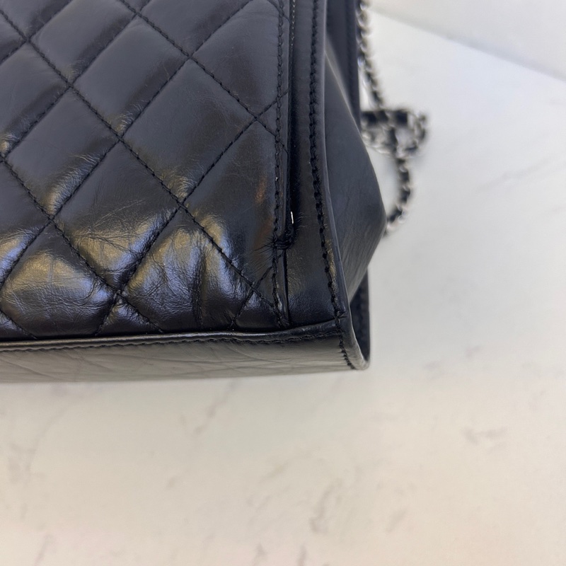 K870 Chanel 香奈兒 黑銀油蠟皮夾子包 25开開無卡-3