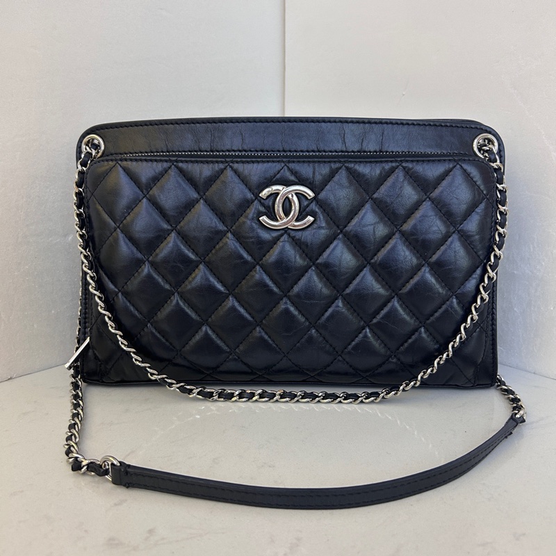 K870 Chanel 香奈兒 黑銀油蠟皮夾子包 25开開無卡-9