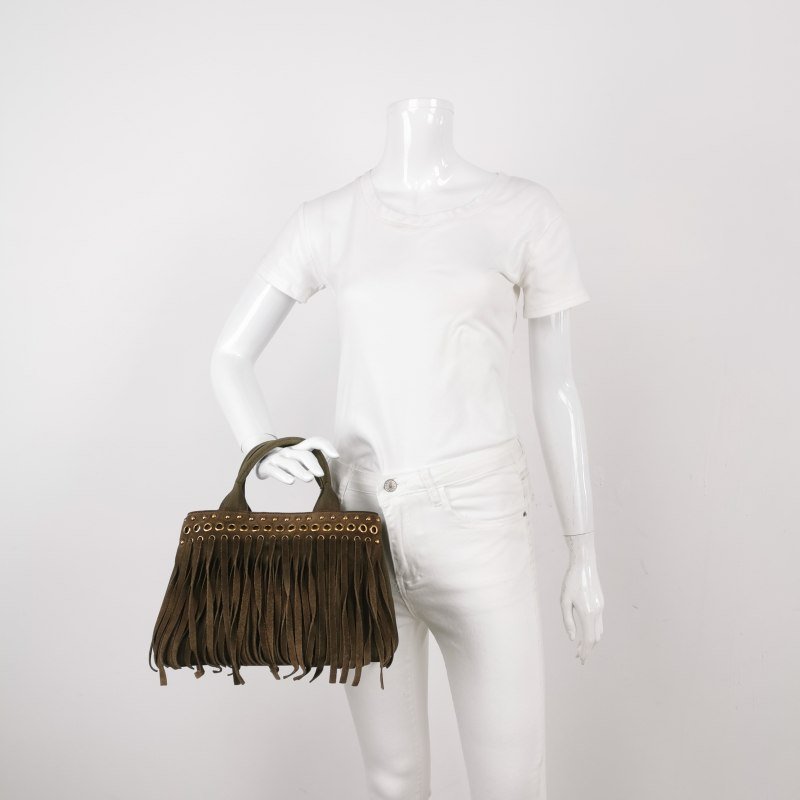 Prada 帆布翻毛皮純色鉚釘裝飾流蘇手提包-1