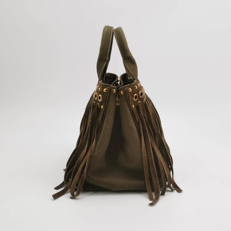 Prada 帆布翻毛皮純色鉚釘裝飾流蘇手提包-2