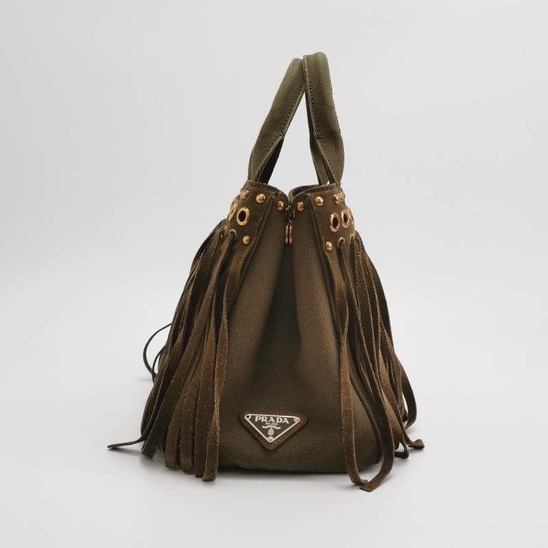 Prada 帆布翻毛皮純色鉚釘裝飾流蘇手提包-3