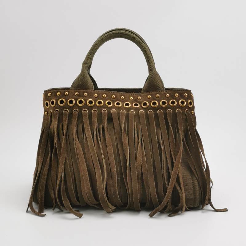 Prada 帆布翻毛皮純色鉚釘裝飾流蘇手提包-4