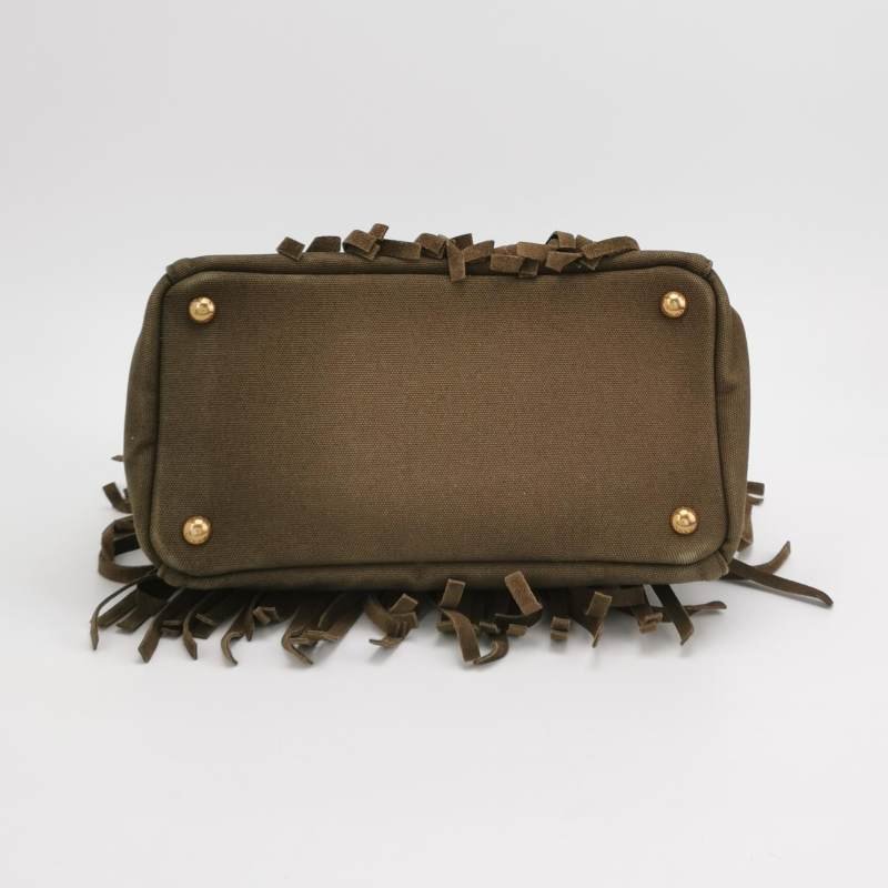 Prada 帆布翻毛皮純色鉚釘裝飾流蘇手提包-5