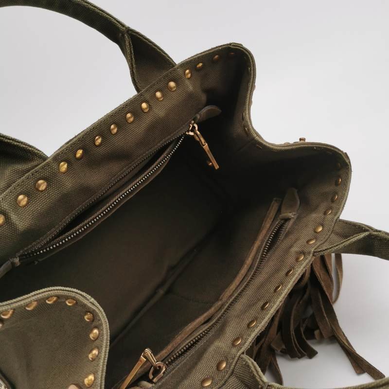 Prada 帆布翻毛皮純色鉚釘裝飾流蘇手提包-6