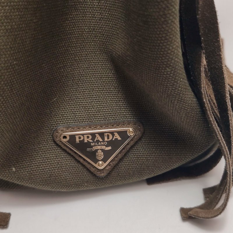 Prada 帆布翻毛皮純色鉚釘裝飾流蘇手提包-10