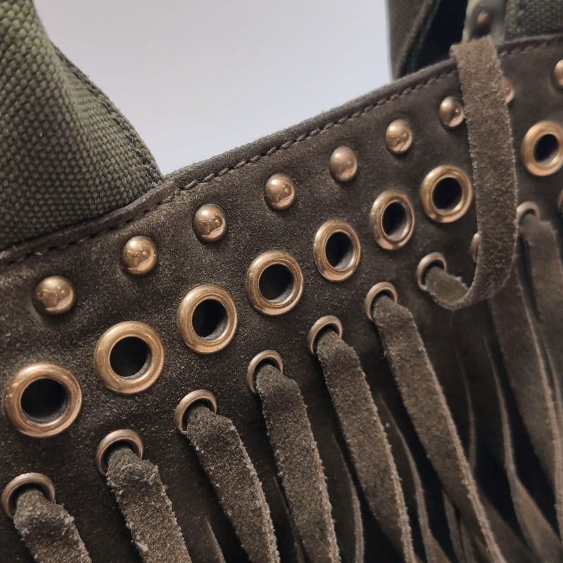 Prada 帆布翻毛皮純色鉚釘裝飾流蘇手提包-12