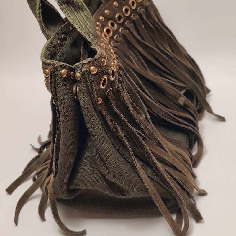 Prada 帆布翻毛皮純色鉚釘裝飾流蘇手提包-18