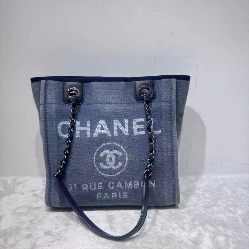 Chanel DEAUVILLE系列藍色牛仔作舊拼色帆布手提包-0