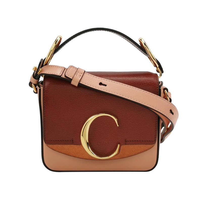 Chloe Chloe C迷你牛皮羊皮翻毛皮拼色字母C徽飾斜挎包單肩包-0