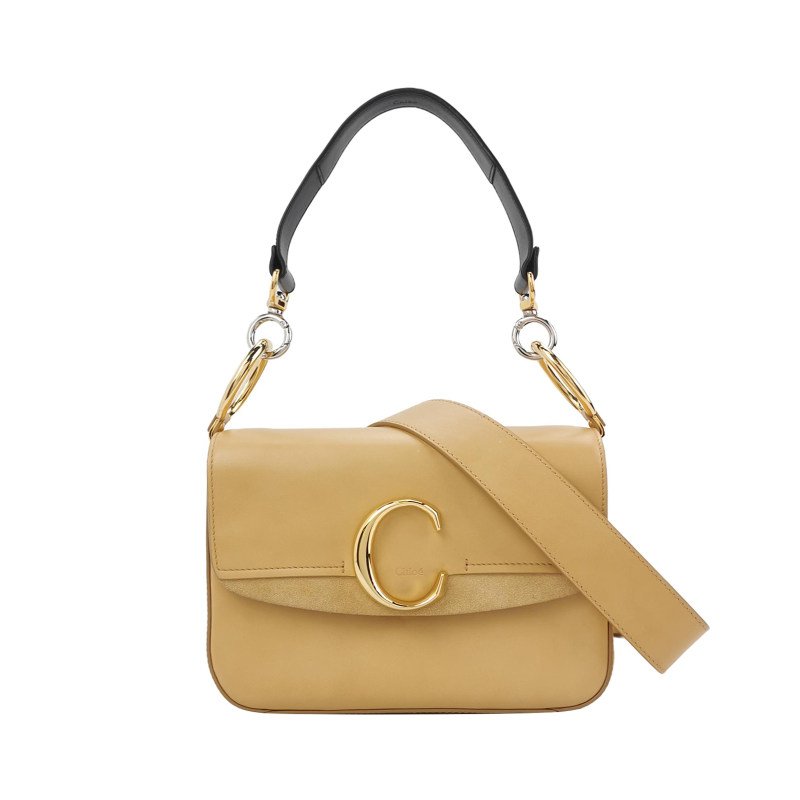 Chloe Chloe C小號牛皮翻毛皮拼皮字母C徽飾斜挎包單肩包-0