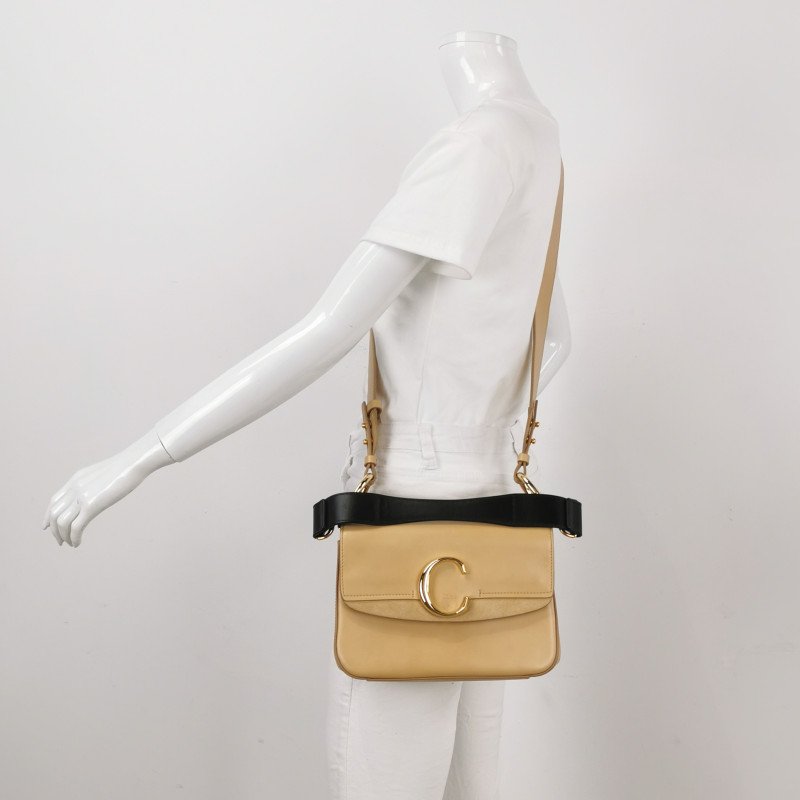Chloe Chloe C小號牛皮翻毛皮拼皮字母C徽飾斜挎包單肩包-1