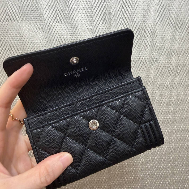 Chanel 黑荔枝皮霧銀釦Boy零錢卡包-7