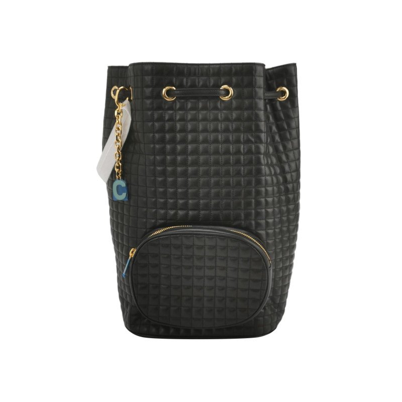 Celine C Charm牛皮純色方格拉鏈口袋抽繩C字吊飾雙肩包 9.8新-0