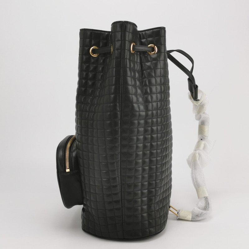 Celine C Charm牛皮純色方格拉鏈口袋抽繩C字吊飾雙肩包 9.8新-1